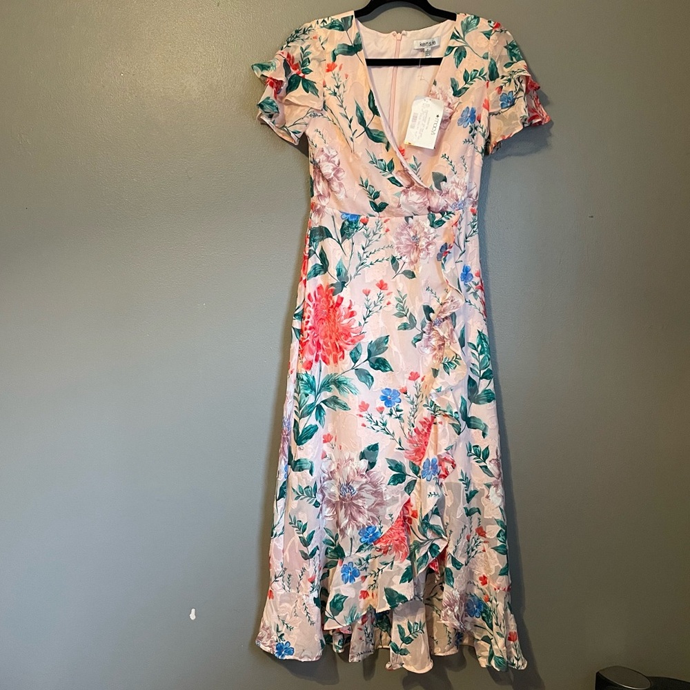 NWOT Kenzie Sz 0 Women’s Pink Floral Ruffle Midi Short Sleeve Dress Ret $149! - Picture 2 of 16